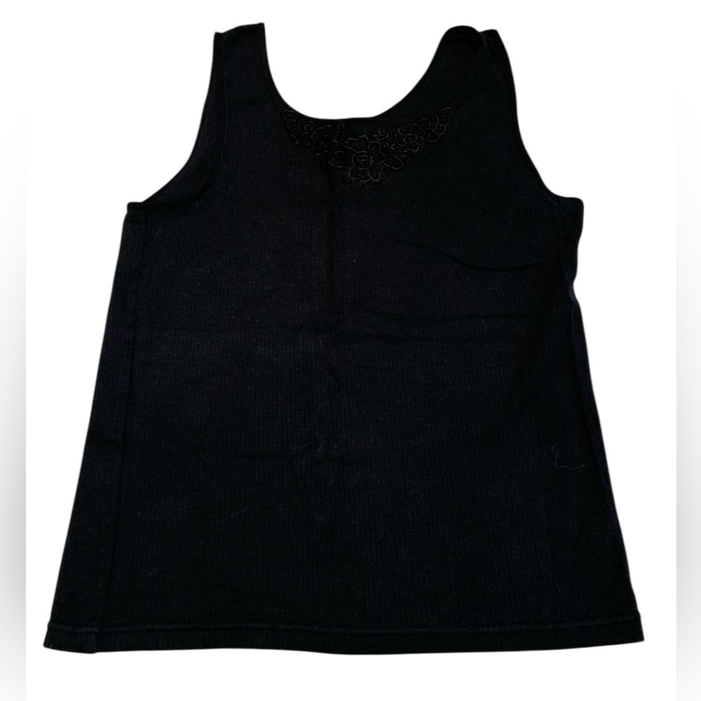 Vintage Carroll Reed Black Ribbed Tank Top Camisole Lace Floral Appliqué L/G